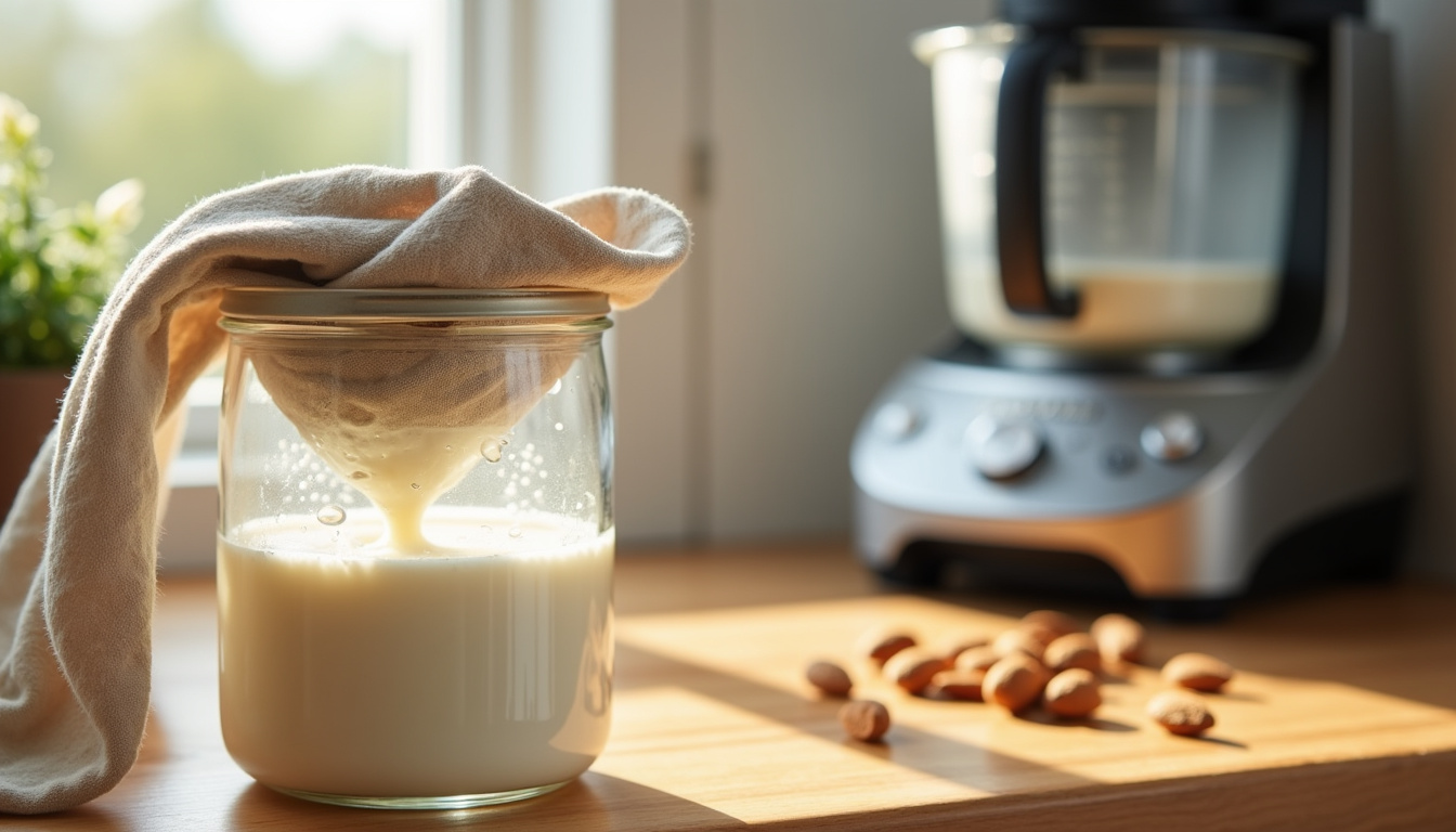 Filtrage du lait d'amande maison à l'aide d'un linge et d'un blender Magimix