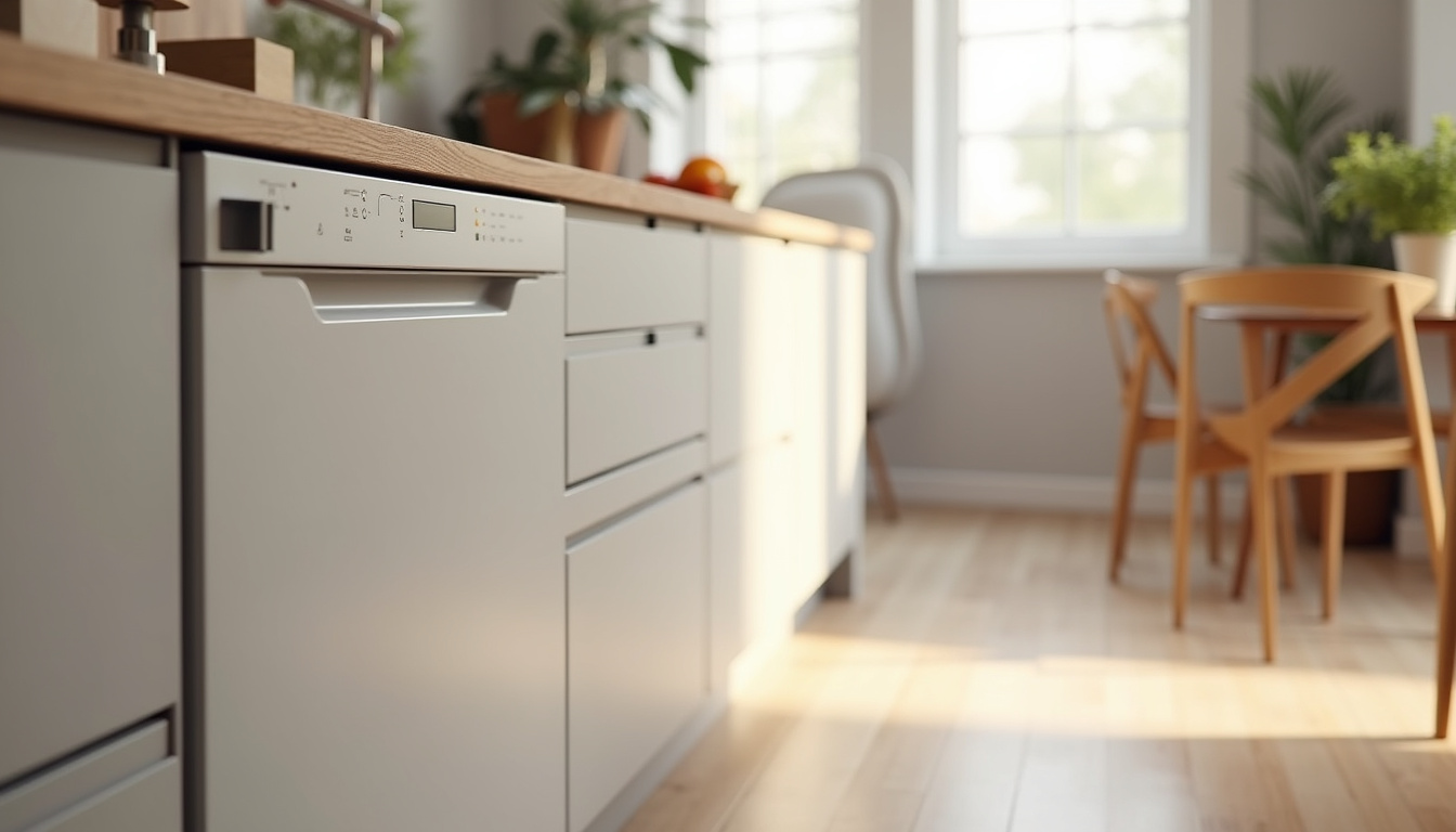Lave-vaisselle encastrable intégré dans une cuisine moderne avec panneau de meuble identique aux armoires
