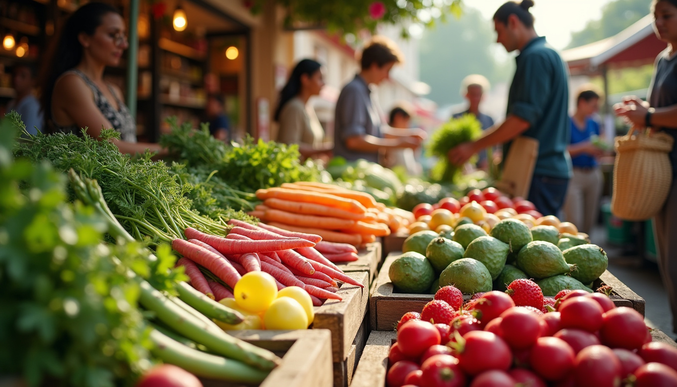 Marché de plein air en avril avec étals colorés de légumes printaniers et fruits frais