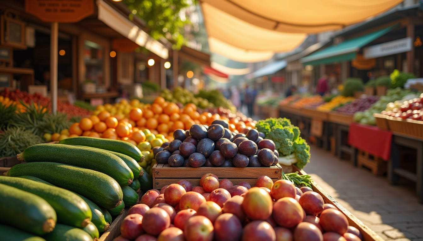 Marché local avec étals colorés de fruits et légumes de saison en septembre: courgettes, figues, prunes, poireaux, brocolis
