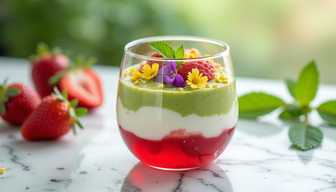Montage d'une verrine fraîcheur en couches colorées dans un verre transparent