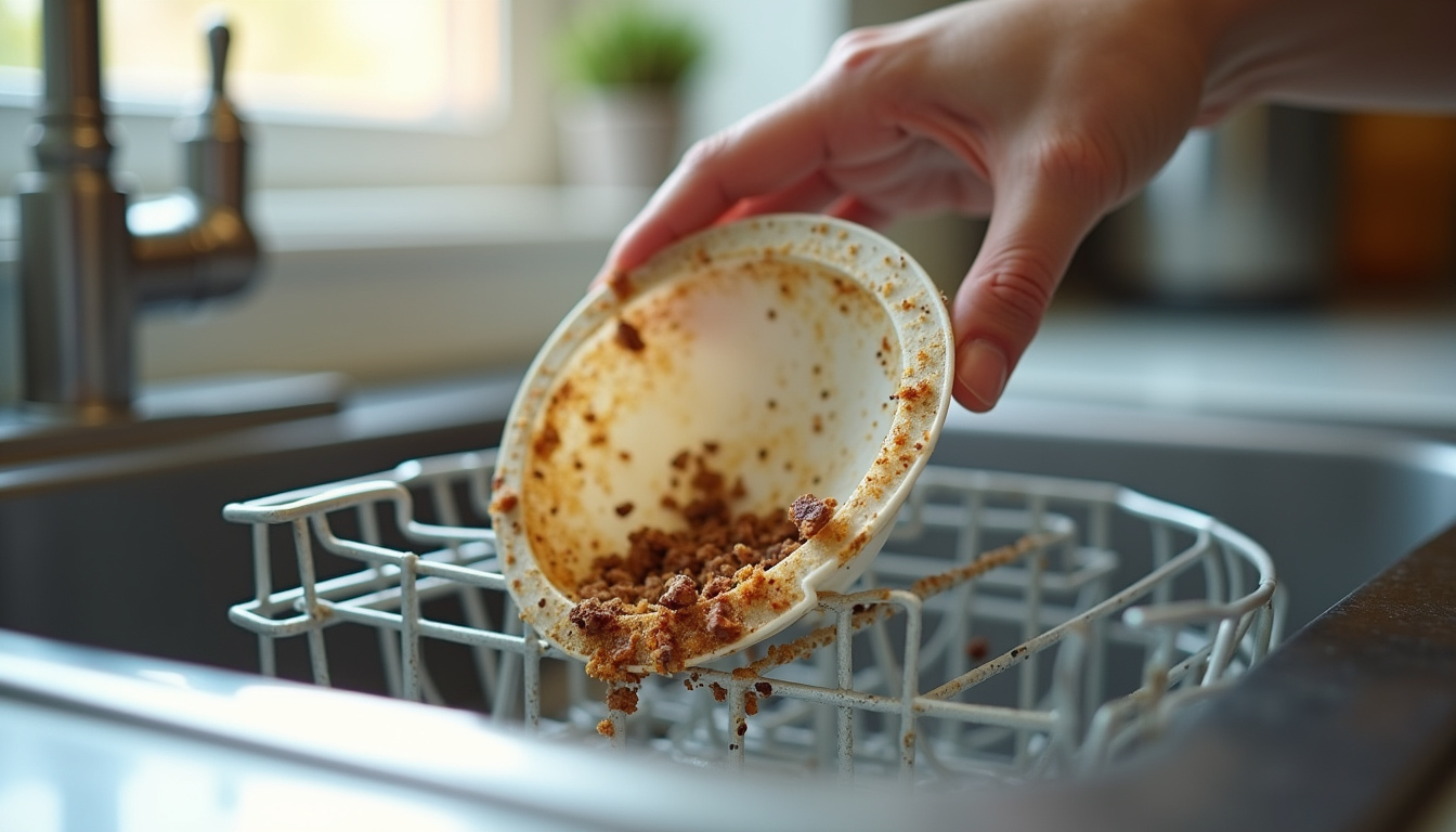 Nettoyage du filtre d’un lave-vaisselle encastrable, montrant les résidus accumulés