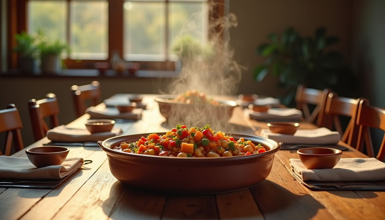 Plat unique présenté dans un grand plat de service, prêt à être partagé avec plusieurs convives