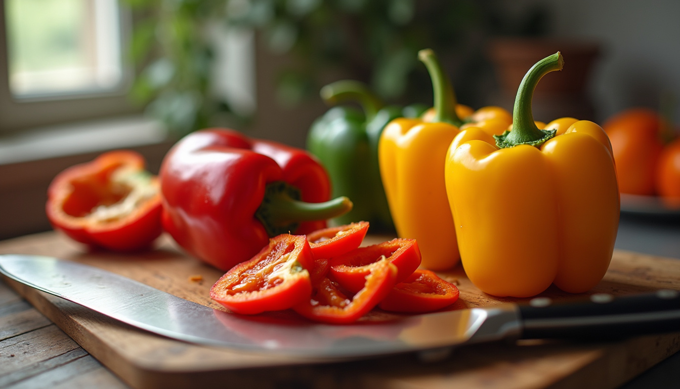 Poivrons rouges, jaunes et verts frais prêts à cuisiner en septembre