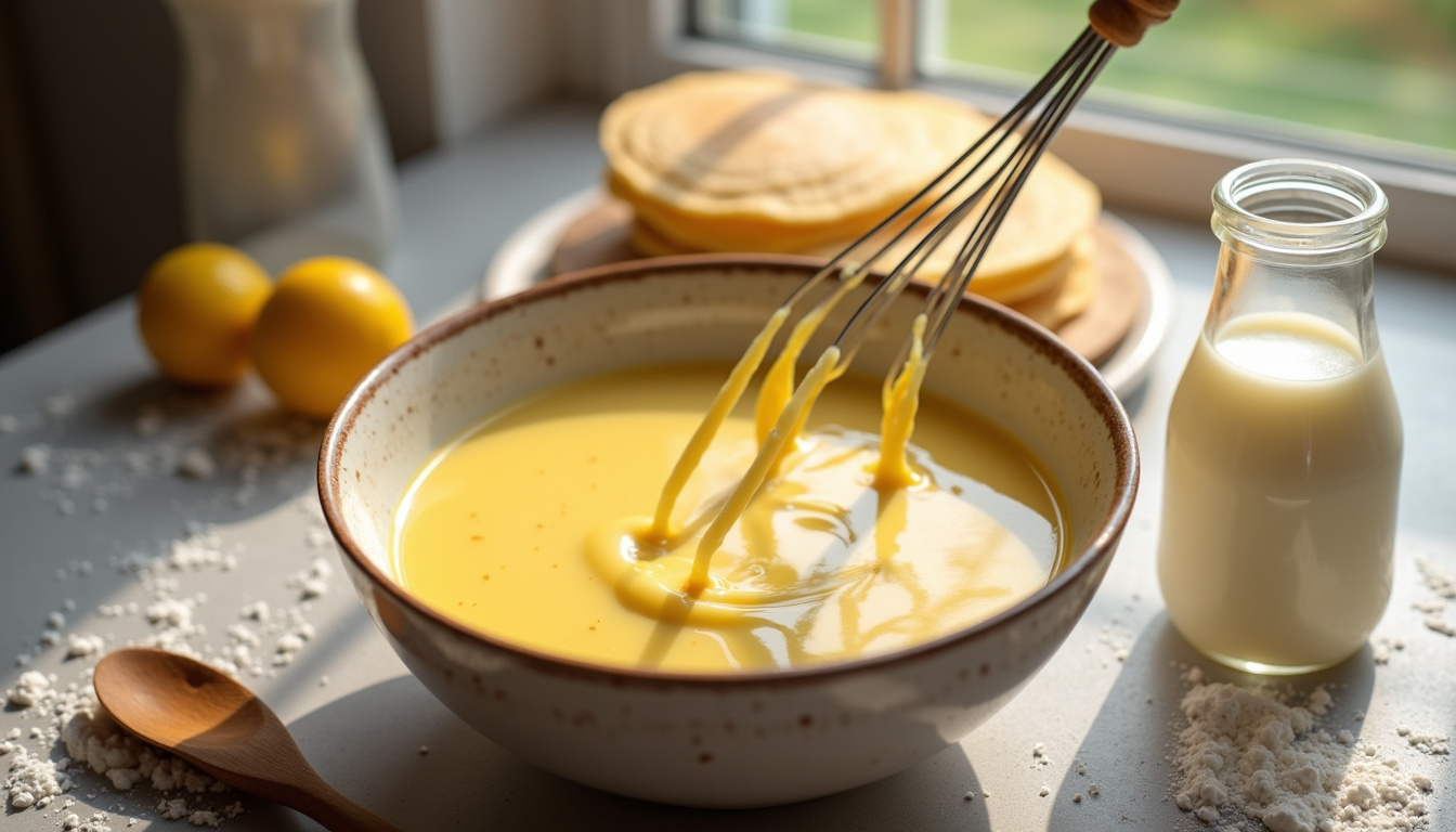 Préparation de la pâte à crêpes dans un saladier avec un fouet