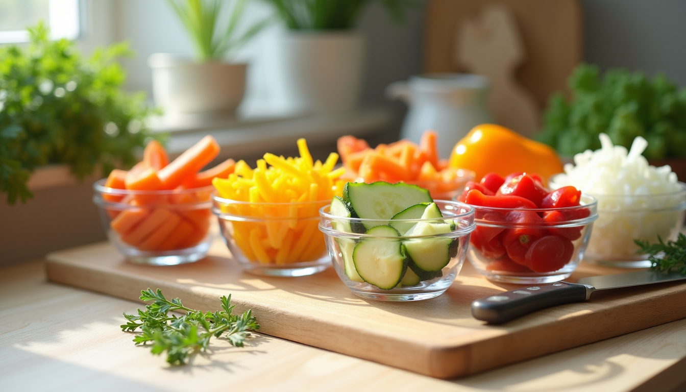 Préparation des ingrédients pour un repas pour 8 personnes, avec légumes découpés et rangés dans des récipients