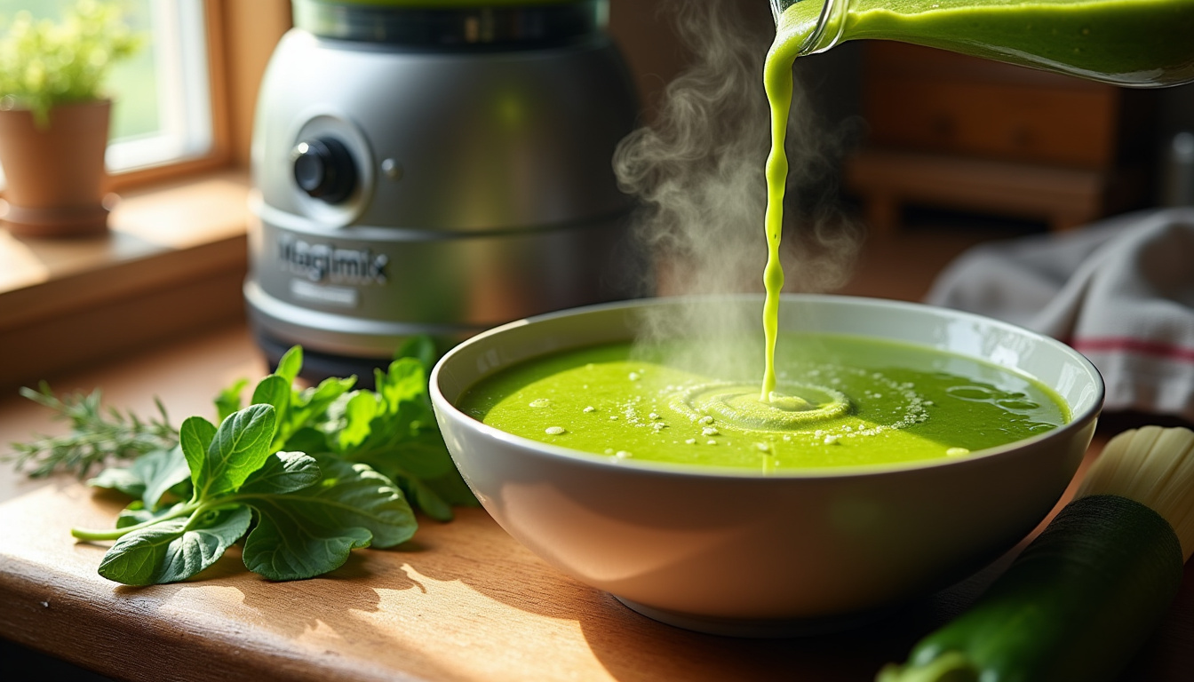 Préparation d'une soupe aux légumes verts dans un blender Magimix