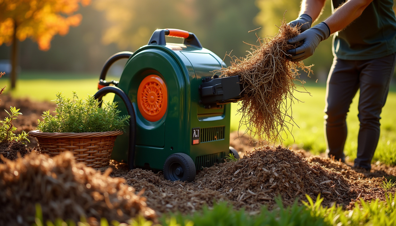 Utilisation d'un broyeur de végétaux dans un jardin avec branchages et paillage