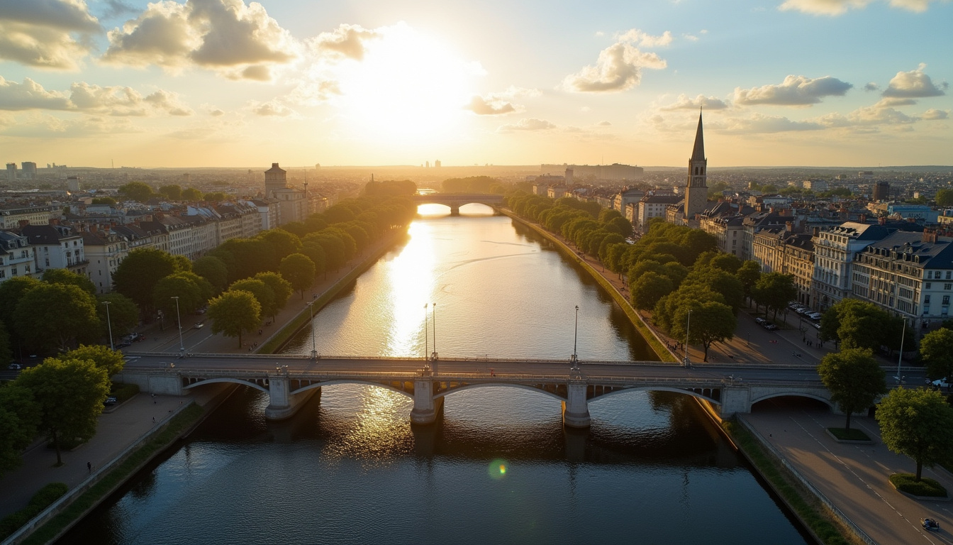 Vue aérienne du pont Tbilissi à Nantes, lieu du tir du feu d’artifice en 2026, avec le canal Saint-Félix en contrebas et les quais environnants