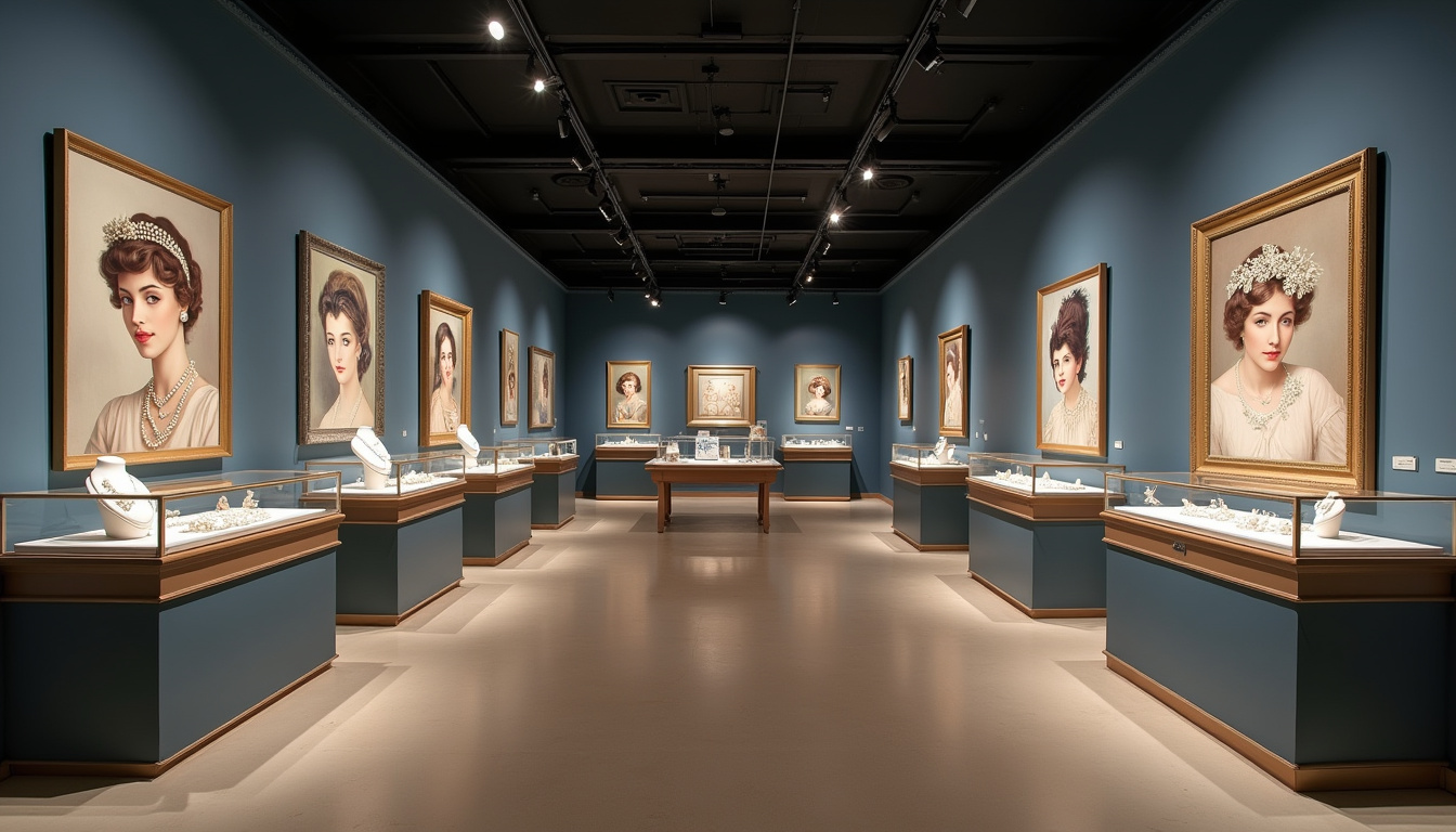 Vue d’ensemble de l’exposition « Paris, capitale de la perle » montrant des vitrines de bijoux nacrés et des illustrations d’époque