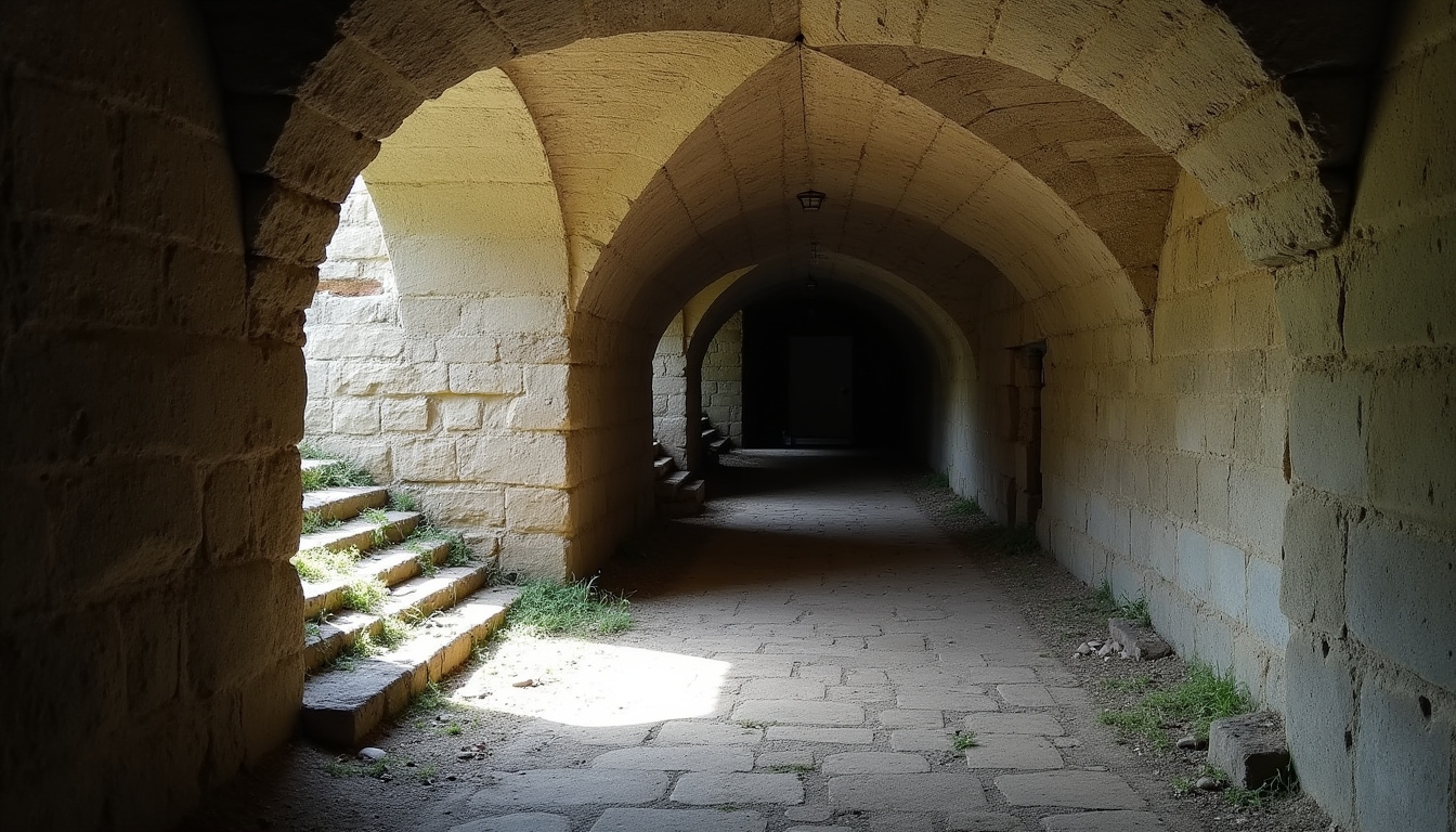 Cave en pierre d'une maison à rénover à Balazuc, montrant les murs anciens et les voûtes apparentes