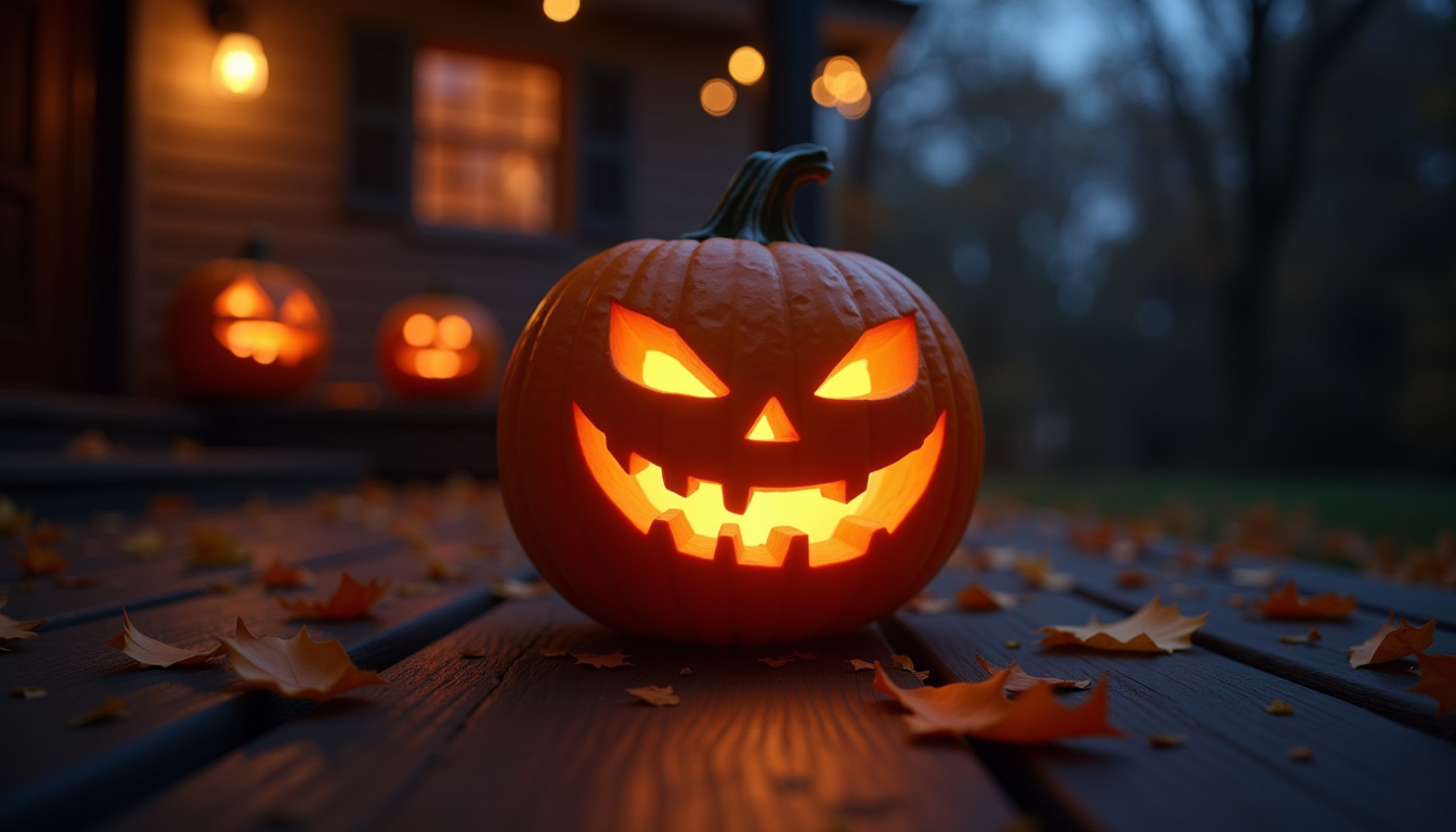 Citrouille sculptée pour Halloween avec un visage souriant éclairé de l'intérieur