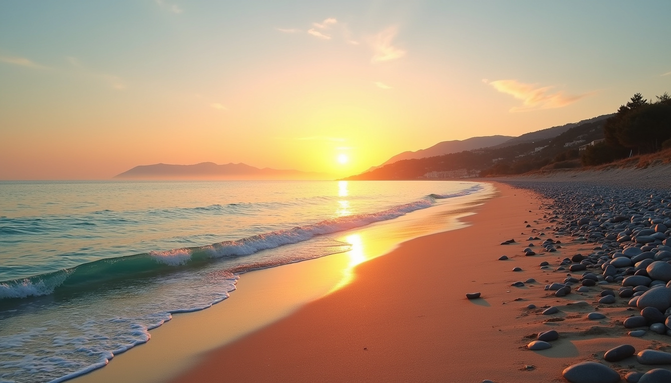 Coucher de soleil sur la plage de l’Île-Rousse avec ciel orangé et mer calme