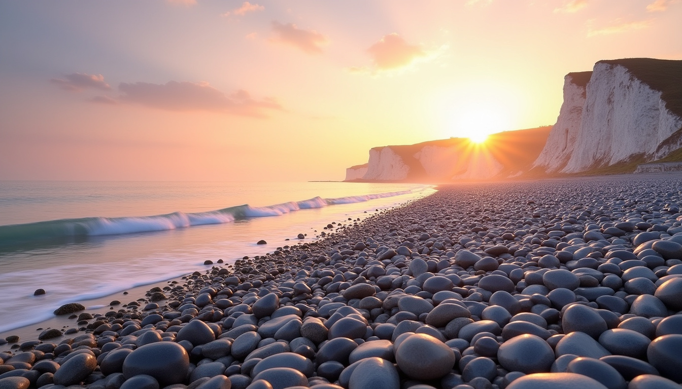 Coucher de soleil sur une plage de galets à Étretat, avec des galets lisses et des falaises d’albâtre en arrière-plan