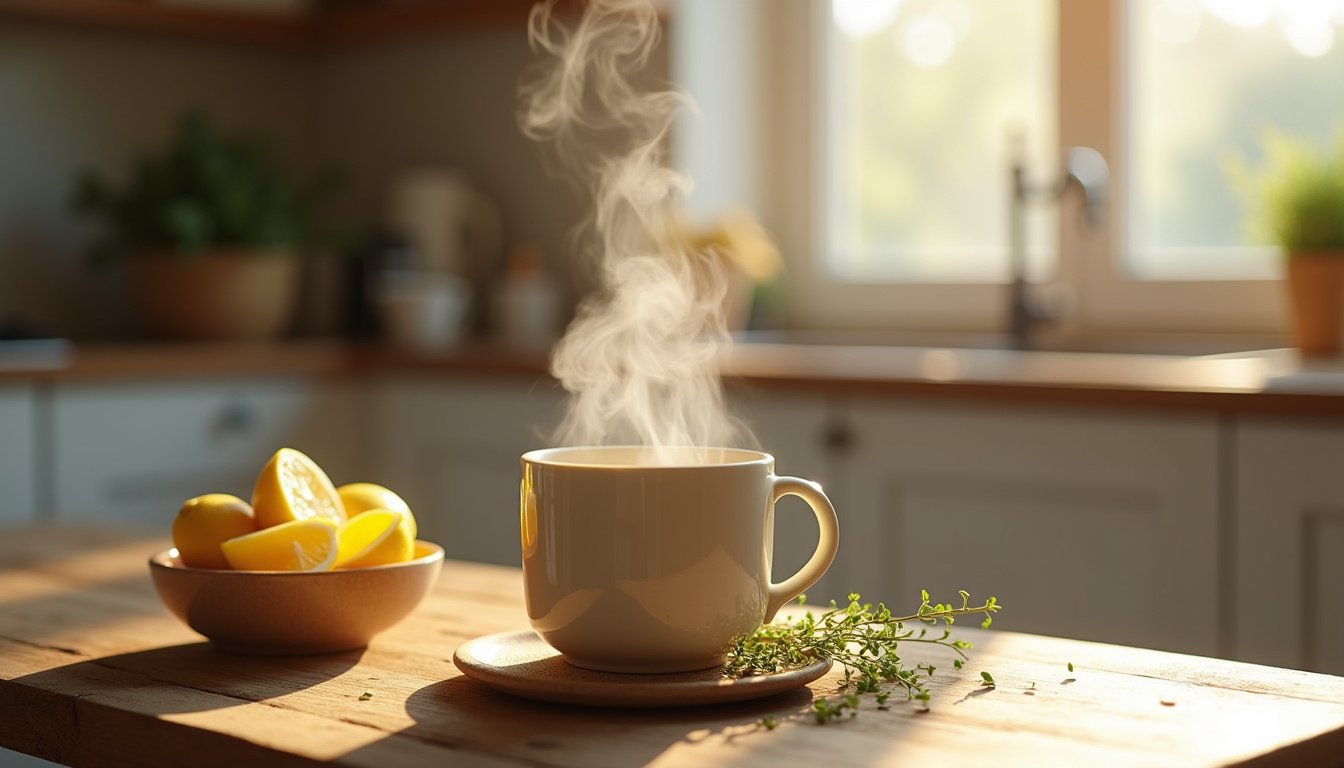 Dégustation de la tisane anti-grippe dans une tasse en céramique