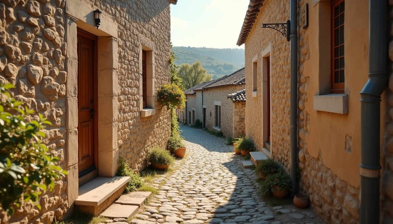 Entrée d'une maison en pierre typique du village de Balazuc, avec ruelle pavée et vue sur les toits anciens