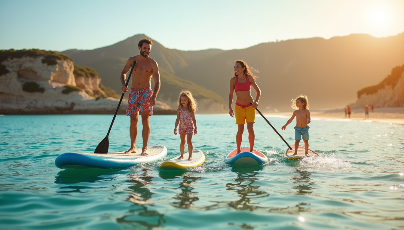 Famille en train de pratiquer le paddle-board sur la plage de l’Île-Rousse