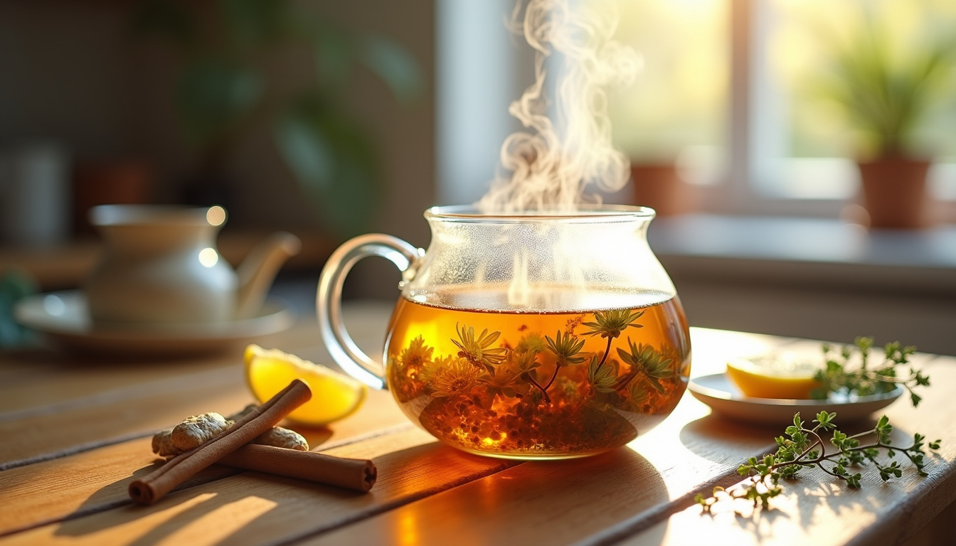 Infusion de tisane anti-grippe en cours de préparation avec des herbes et des épices