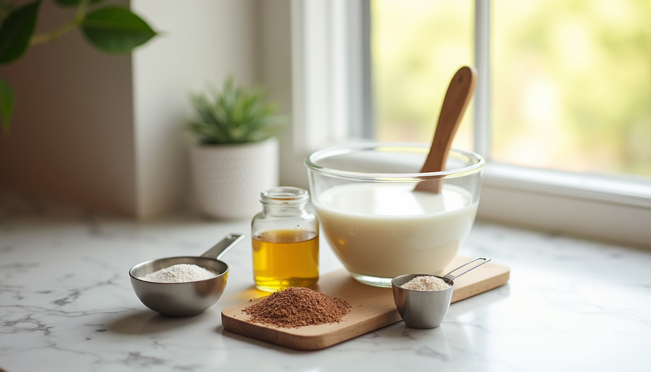 Ingrédients pour un gâteau marbré sans œufs sur un plan de travail