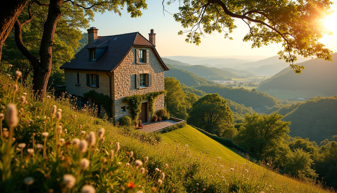 Maison en pierre typique de Satillieu avec terrain arboré et vue sur les collines
