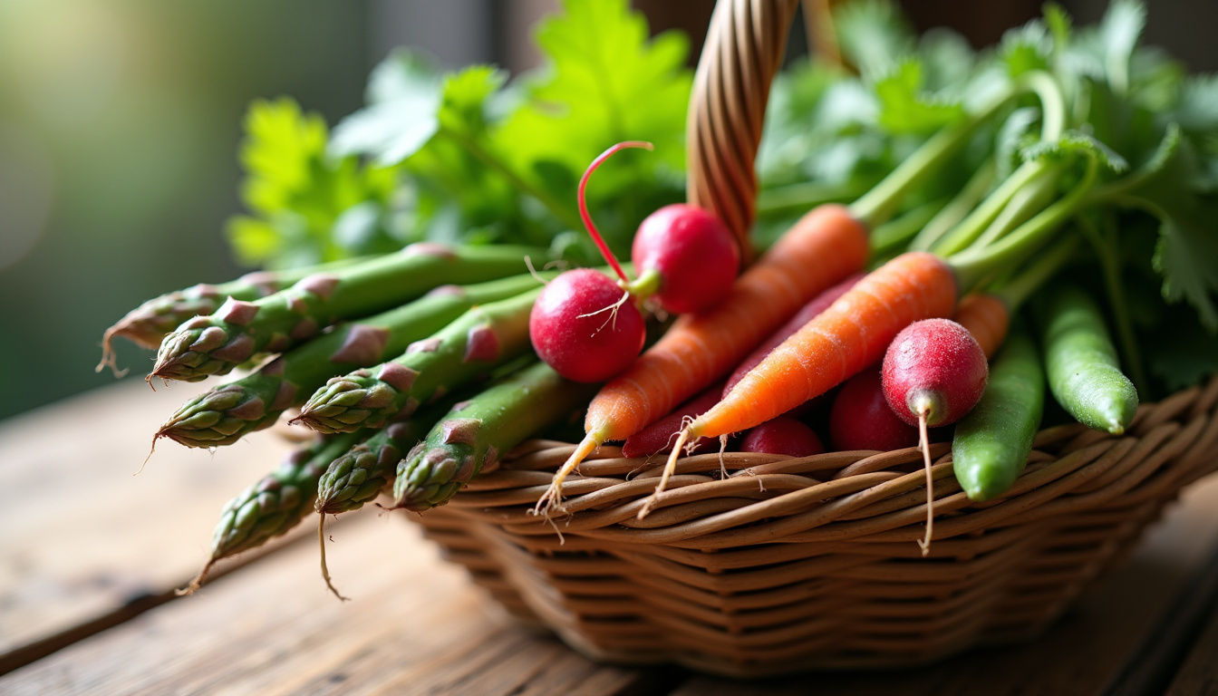Panier rempli de légumes de saison d’avril: asperges, radis, petits pois et carottes nouvelles
