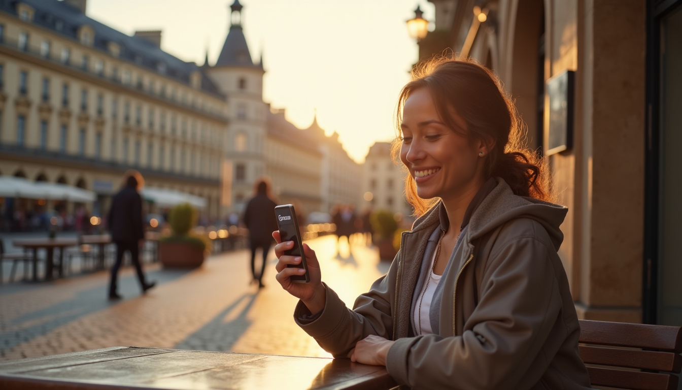 Personne utilisant l'application Groupon sur smartphone à Bordeaux près de la Place de la Bourse