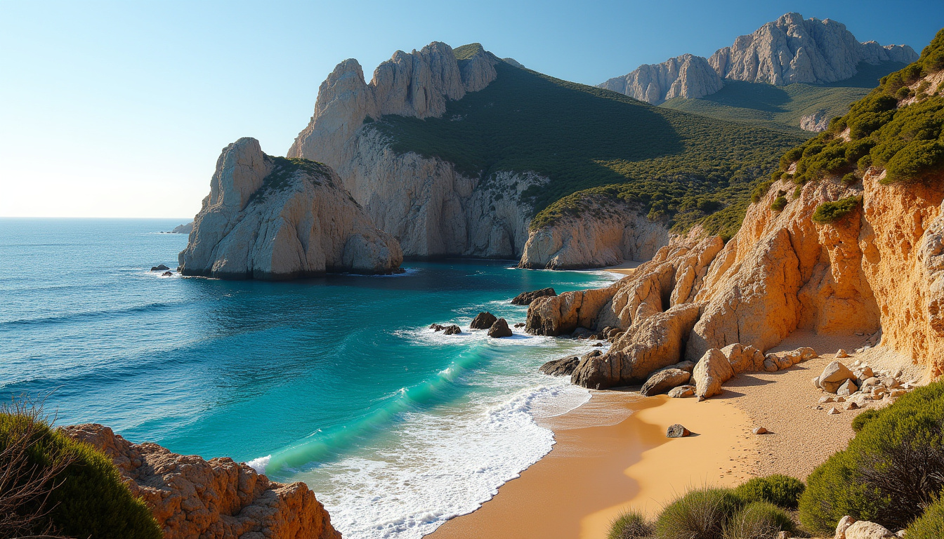 Plage de Roccapina en Corse avec rocher en forme de lion et eau bleu profond
