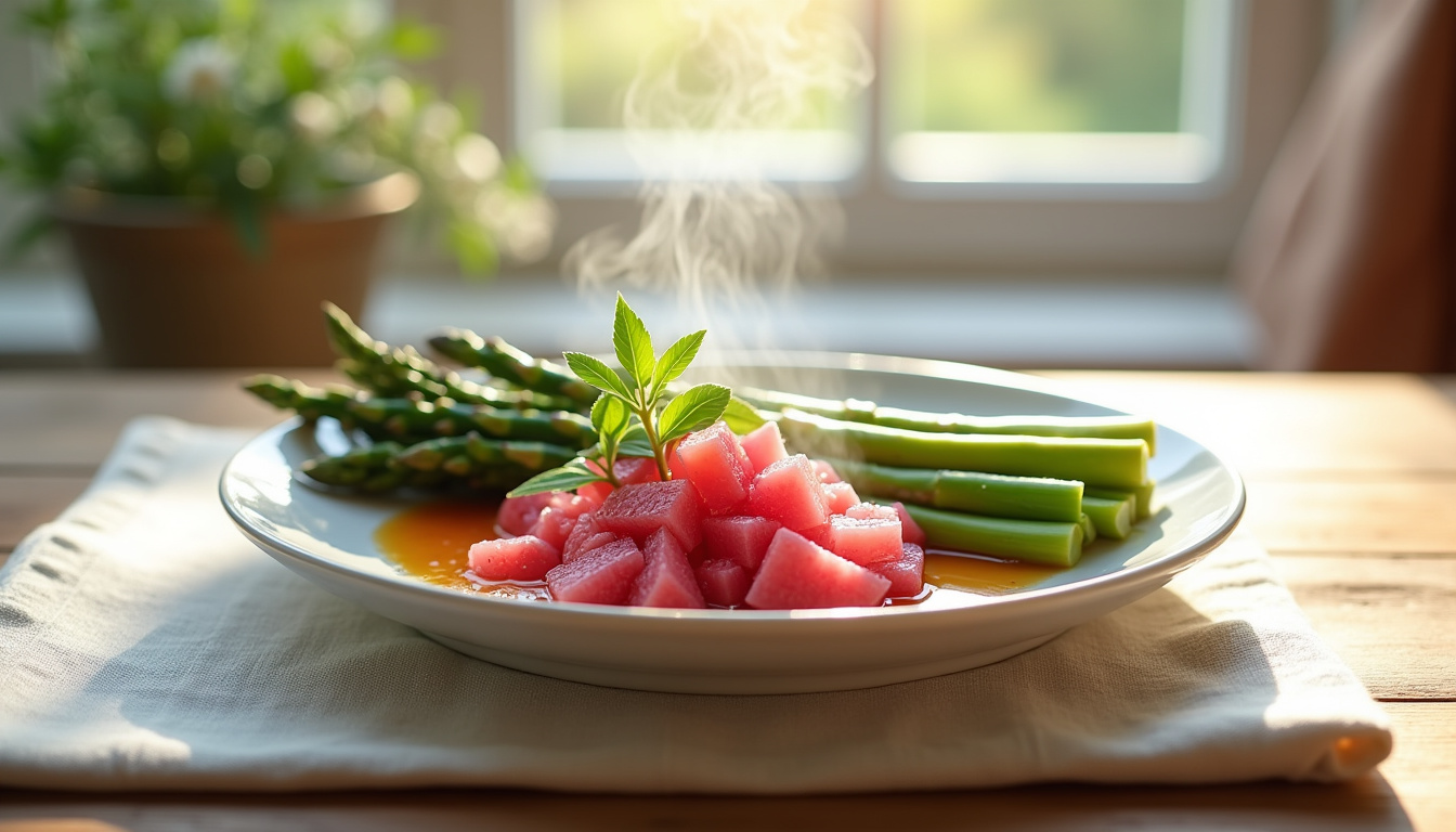 Préparation d’un plat printanier avec des asperges vertes et de la rhubarbe en compote