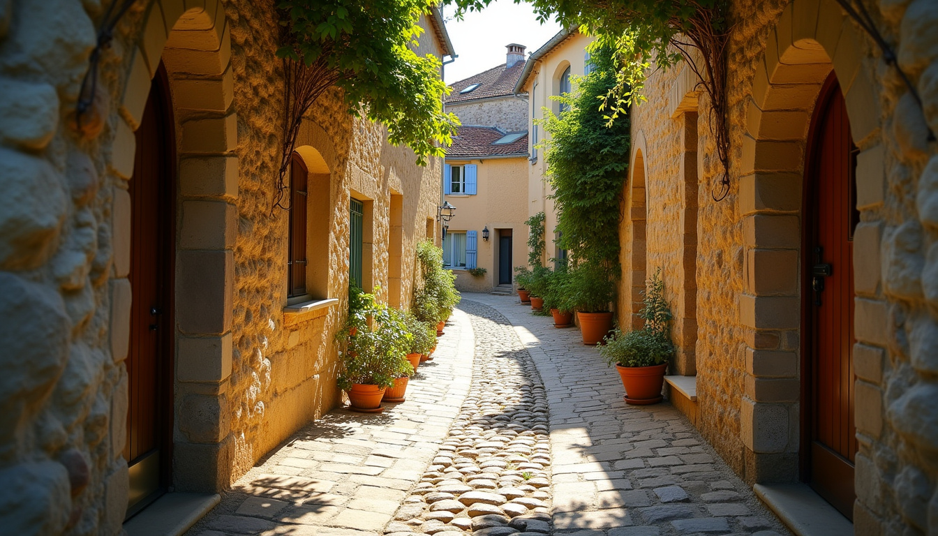 Ruelles pavées du vieux village de Beauchastel avec maisons en schiste et galets