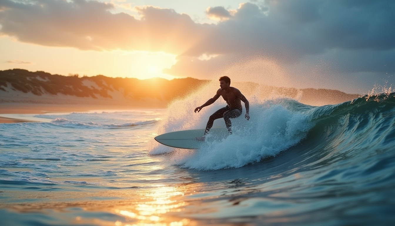 Surfeur en action sur une plage des Landes avec vagues puissantes