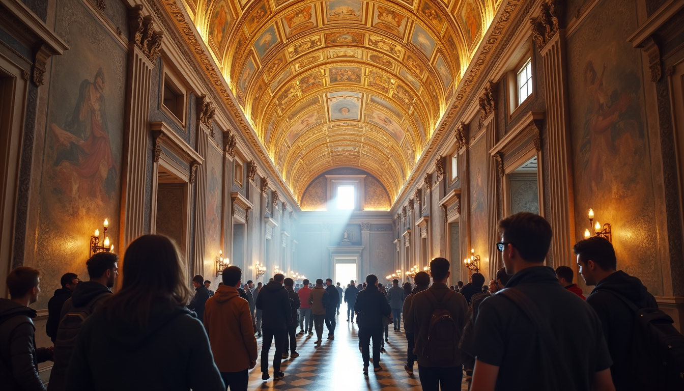 Touristes en train de visiter la chapelle Sixtine, regardant vers le plafond