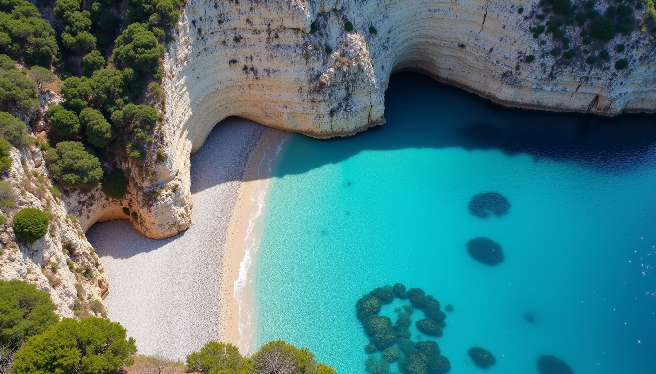 Vue aérienne de la calanque d’En Vau à Marseille, avec une plage de galets entourée de falaises abruptes et une eau turquoise