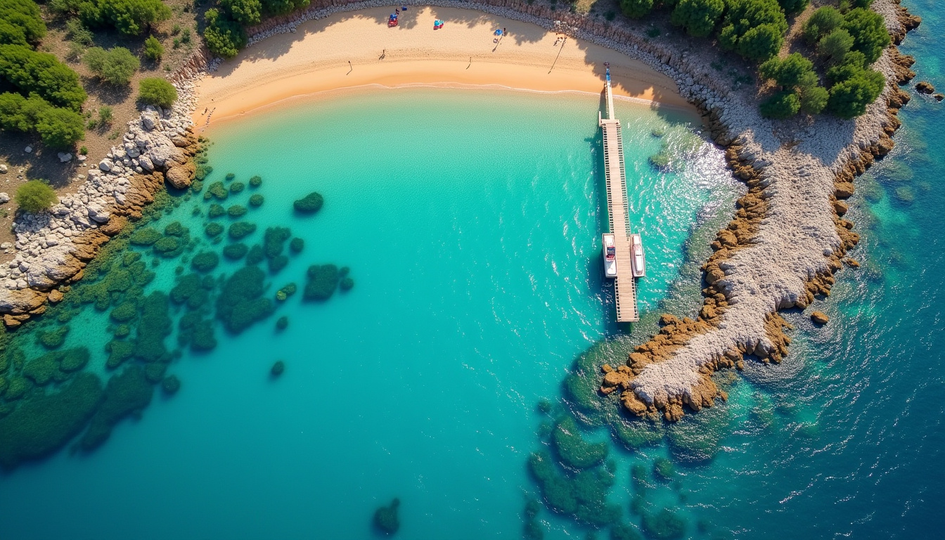 Vue aérienne de la plage de Santa Giulia en Corse, avec eau turquoise et ponton emblématique