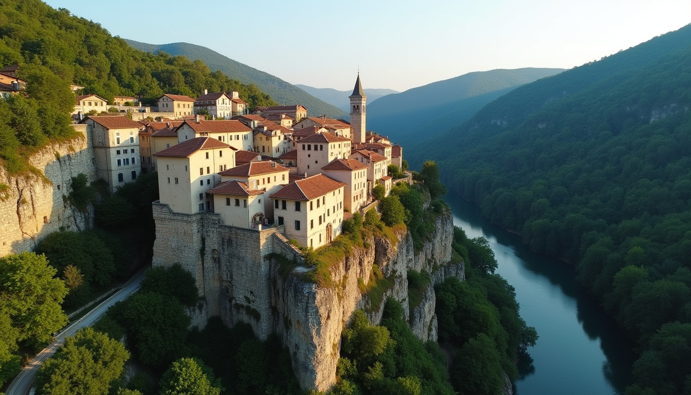Vue aérienne du village de Balazuc en Ardèche, montrant son implantation sur la falaise et son accès à la rivière