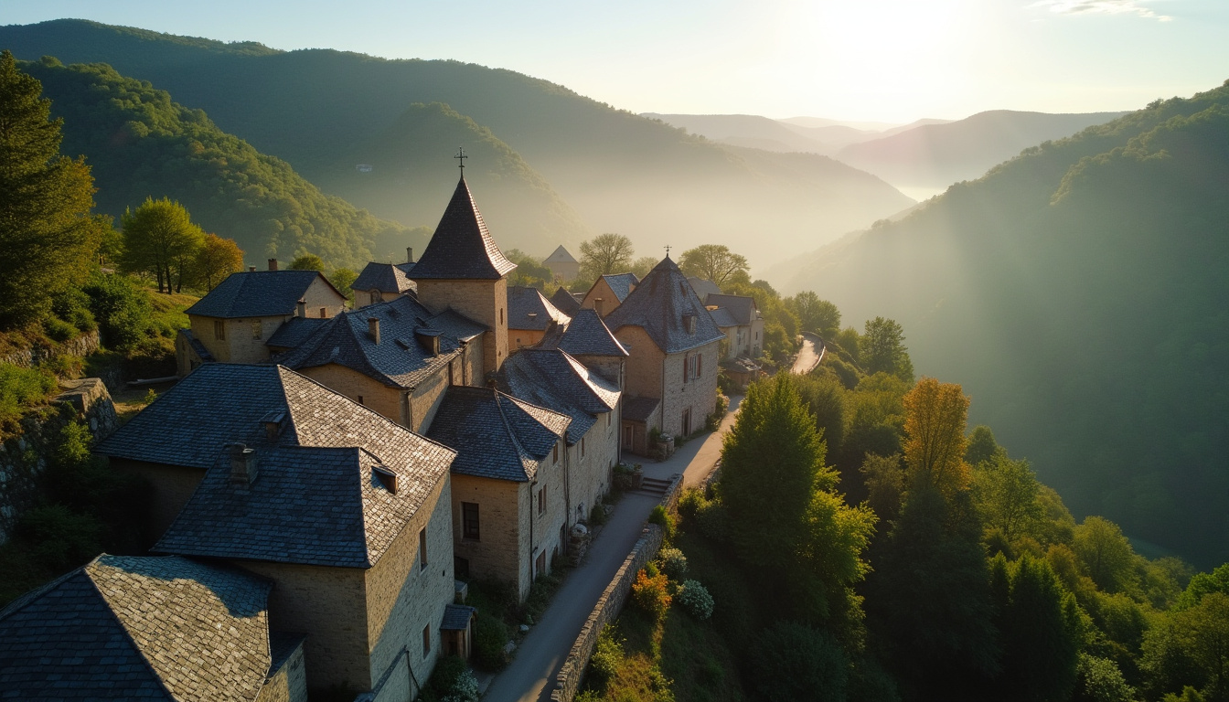 Vue aérienne d’un village ardéchois typique avec maisons en pierre et toits en ardoise entouré de collines