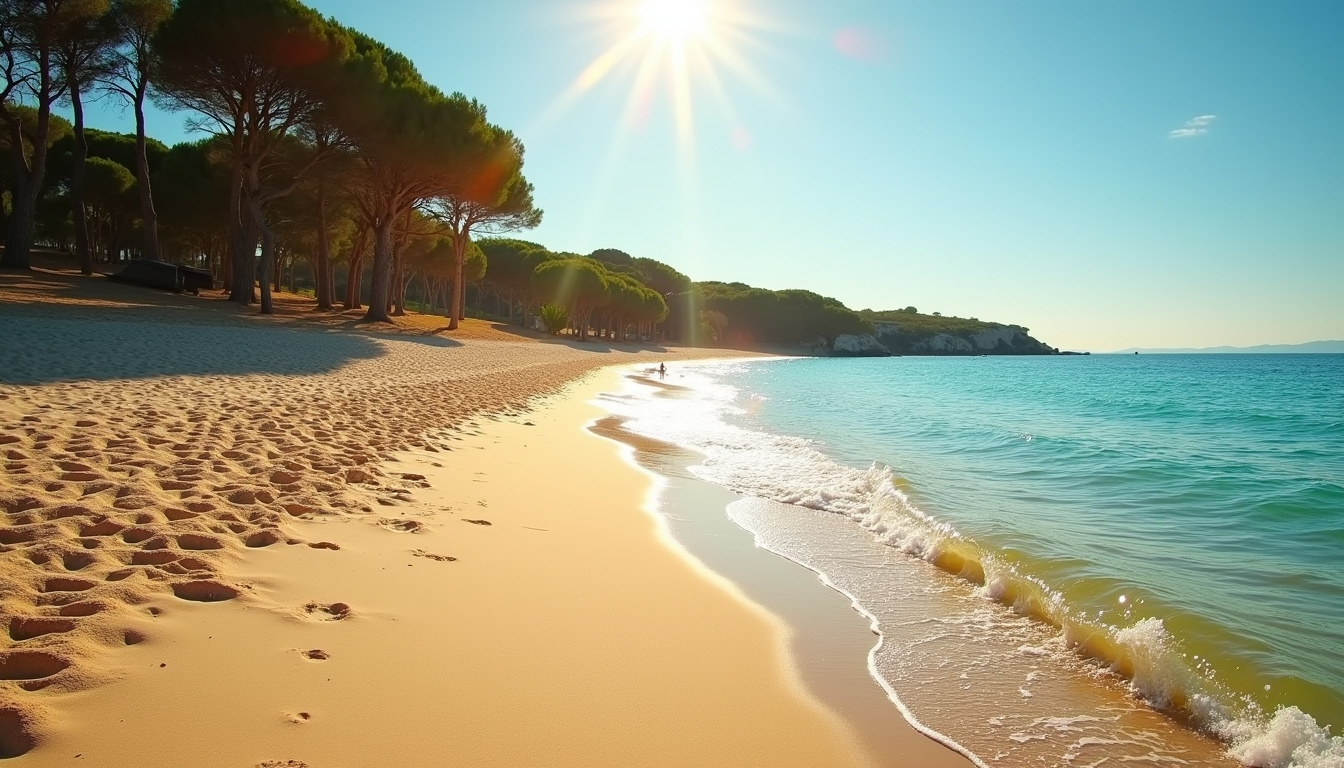 Vue panoramique de la plage de l’Île-Rousse avec sable fin, eau claire et pins parasols en arrière-plan