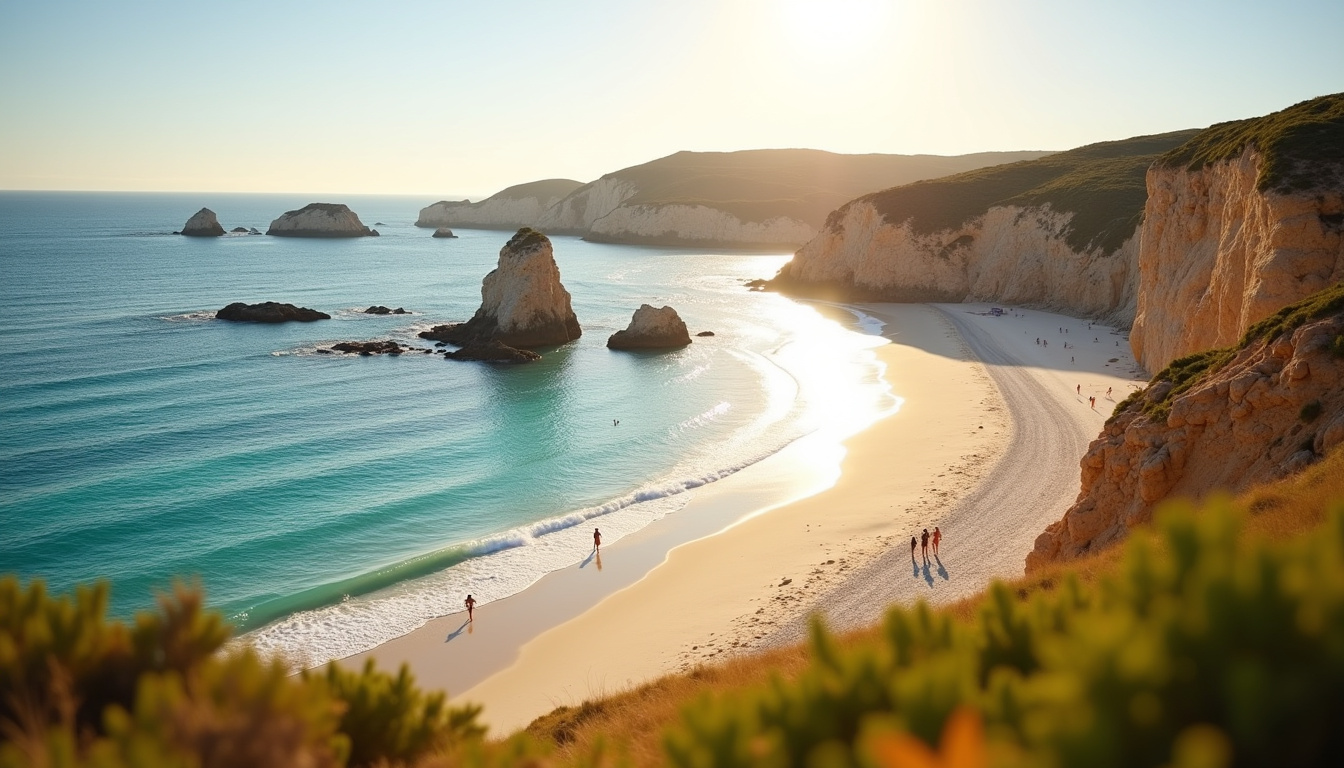 Vue partielle de la plage de Camaret montrant la zone de naturisme à droite, avec quelques rochers isolants