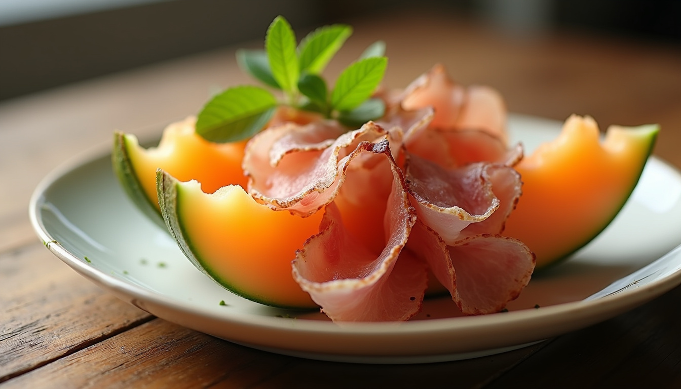 Assiette de melon accompagnée de tranches fines de jambon cru et de filet mignon fumé