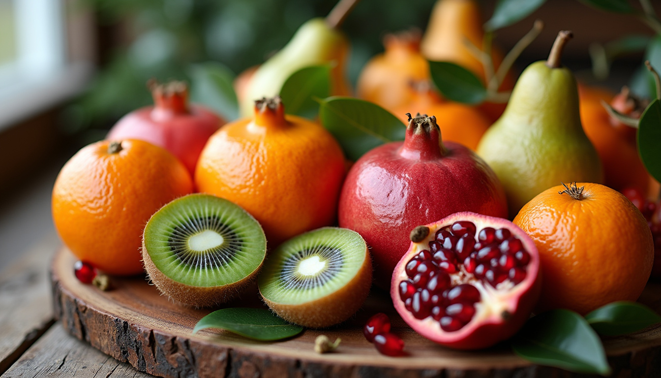 Assortiment de fruits de saison en décembre: clémentines, kiwis, grenades et poires