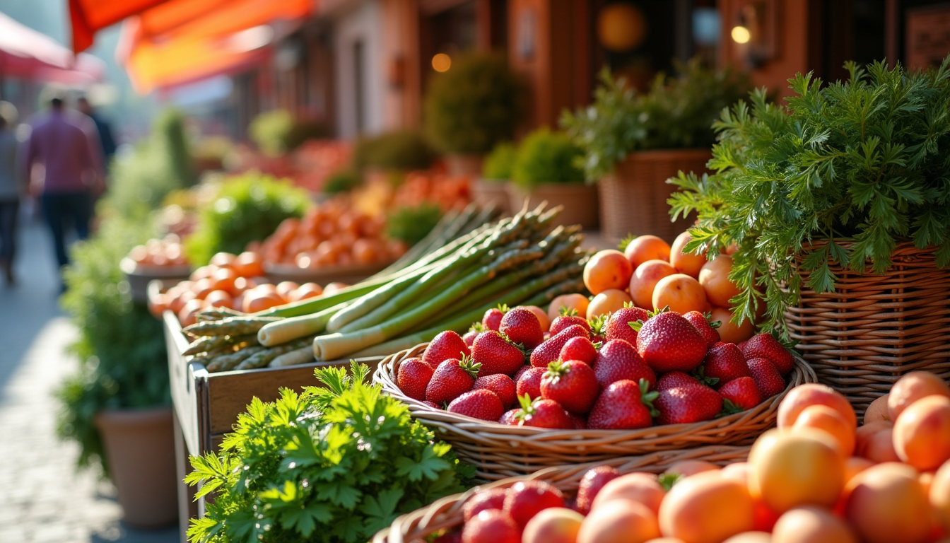 Étal de marché en avril avec des fruits et légumes de saison bien exposés