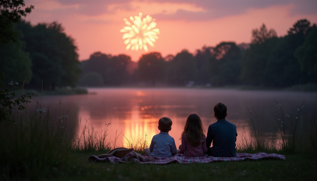 Famille installée sur une couverture au bord du lac du parc de La Carrière, attendant le feu d’artifice avec des enfants émerveillés