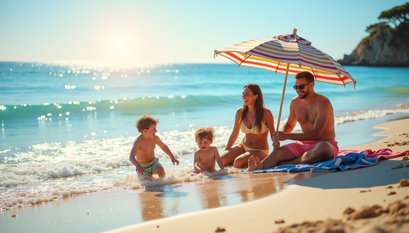 Famille profitant d'une journée ensoleillée sur la plage des Marettes, enfants jouant dans l’eau peu profonde
