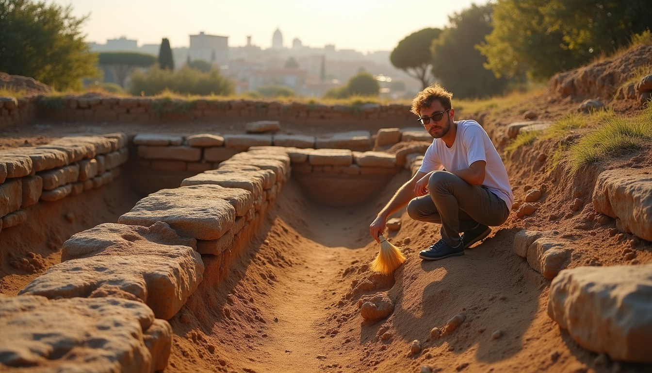 Fouilles archéologiques sur le mont Palatin à Rome montrant des vestiges de cabanes et des trous de poteaux