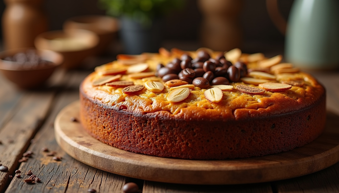 Gâteau moka terminé avec amandes effilées et grains de café enrobés de chocolat