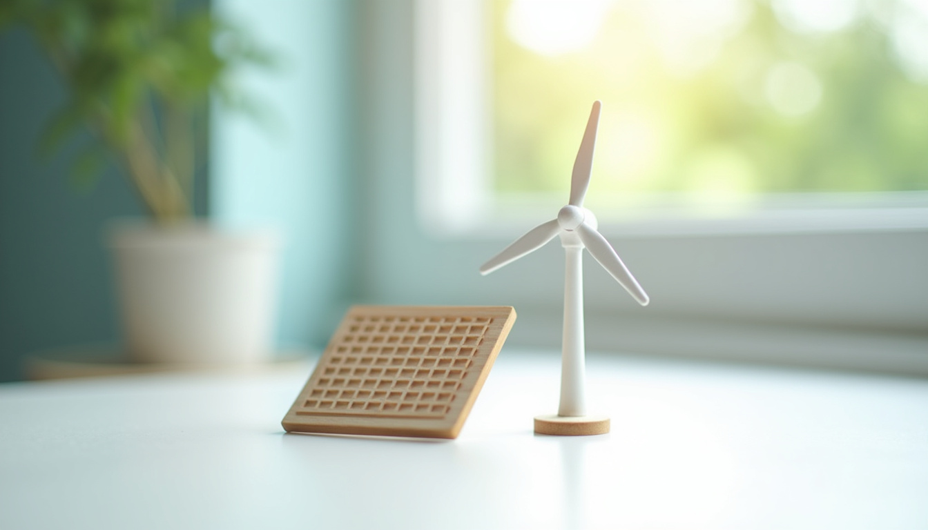 Illustration de panneaux solaires et éoliennes représentant la production d’énergie renouvelable soutenue par Ohm Énergie