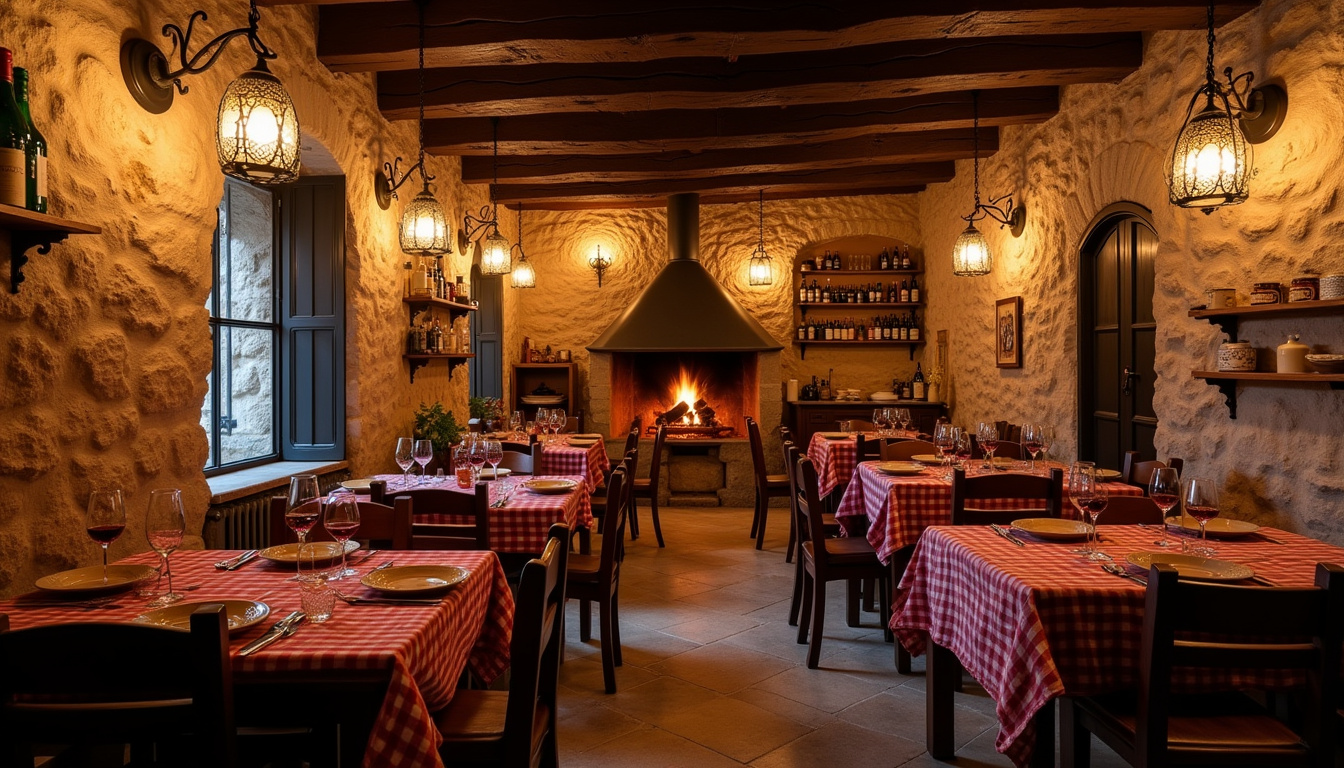 Intérieur d'un restaurant basque traditionnel avec murs en pierre, boiseries et ambiance chaleureuse