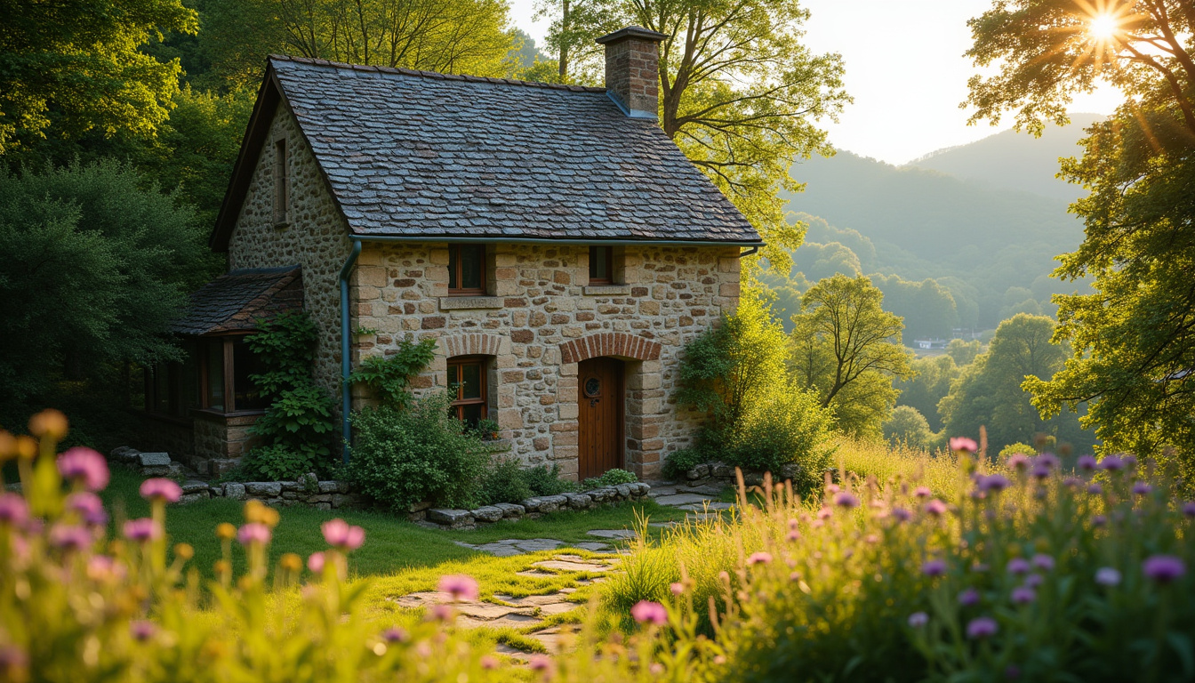 Maison en pierre typique de l'Ardèche avec toit en lauze, entourée de verdure