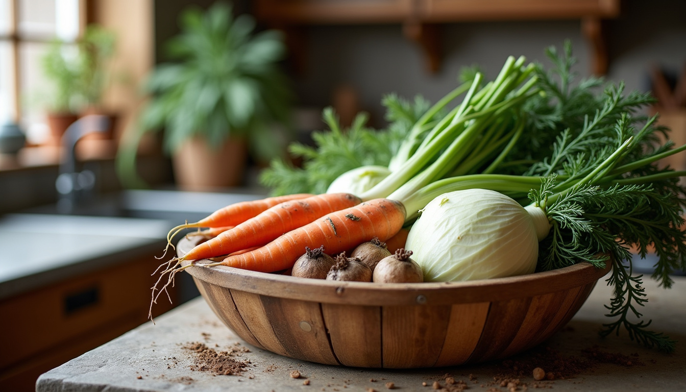 Panier de légumes d’hiver: poireaux, choux, carottes et topinambours