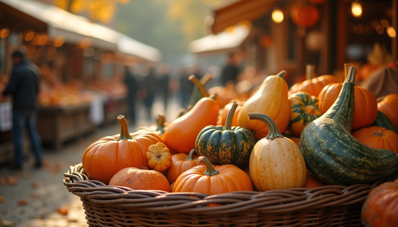 Panier rempli de courges, potirons et potimarrons sur un marché d'automne