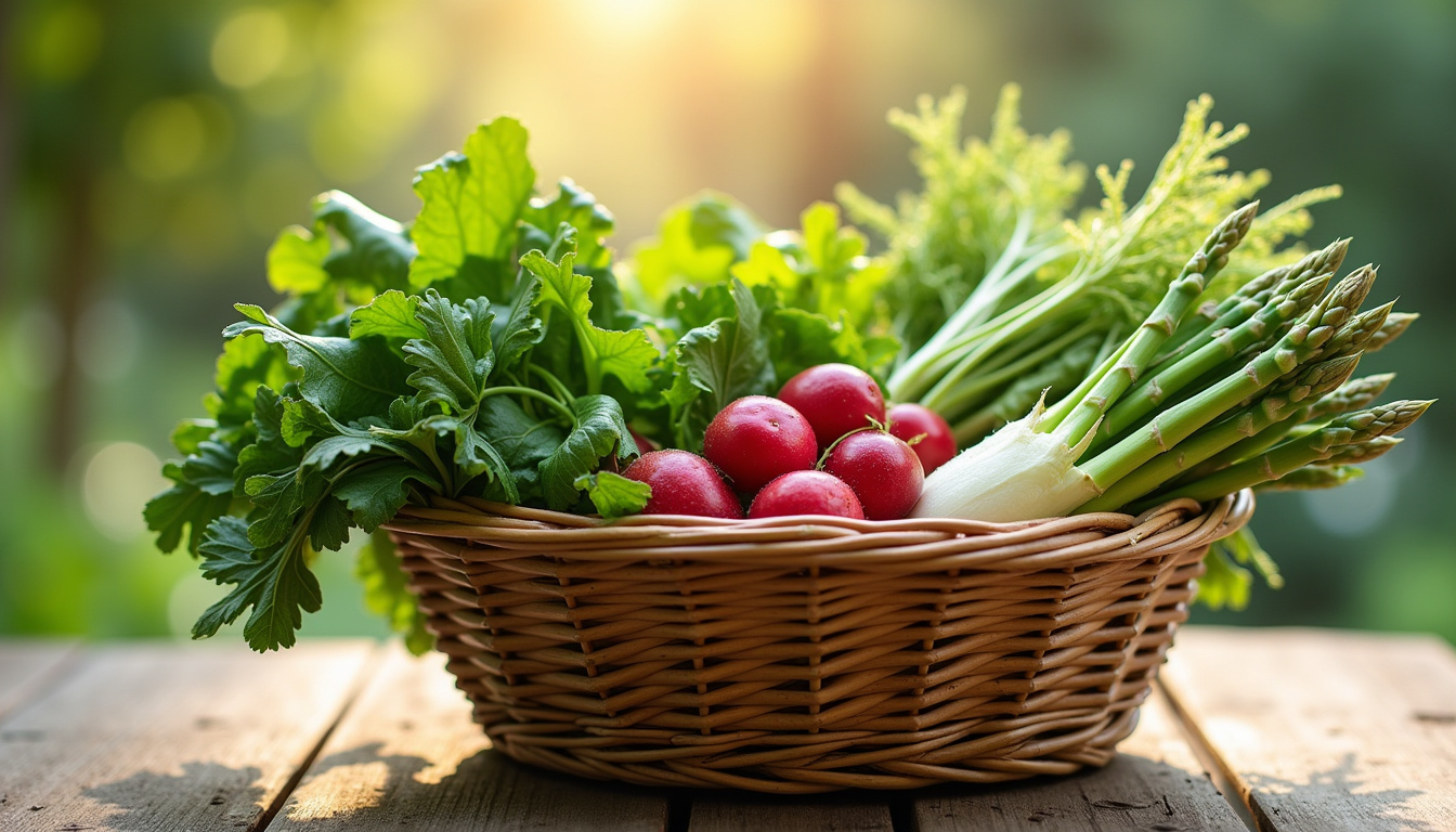 Panier rempli de légumes de saison en avril: asperges, radis, épinards, salade, fenouil